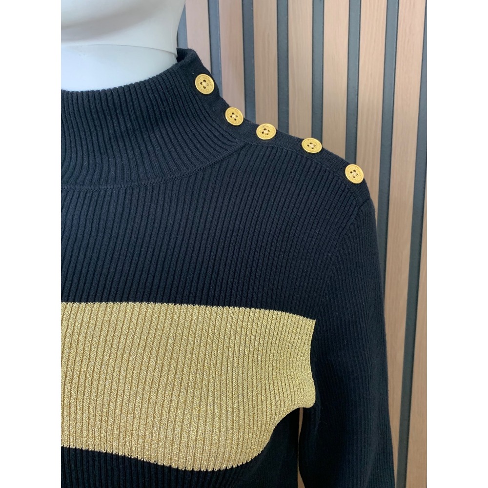 Lauren Ralph Lauren Women's Mock Neck Sweater Black Gold Stripe Button L - Picture 3 of 8